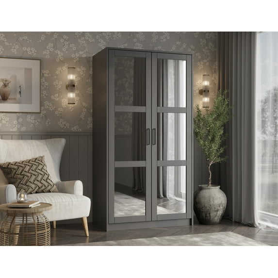 100% Solid Wood Urban 2-Door Wardrobe Armoire with Mirrored Doors