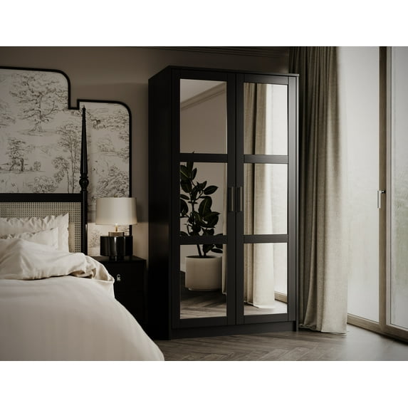 100% Solid Wood Urban 2-Door Wardrobe Armoire with Mirrored Doors