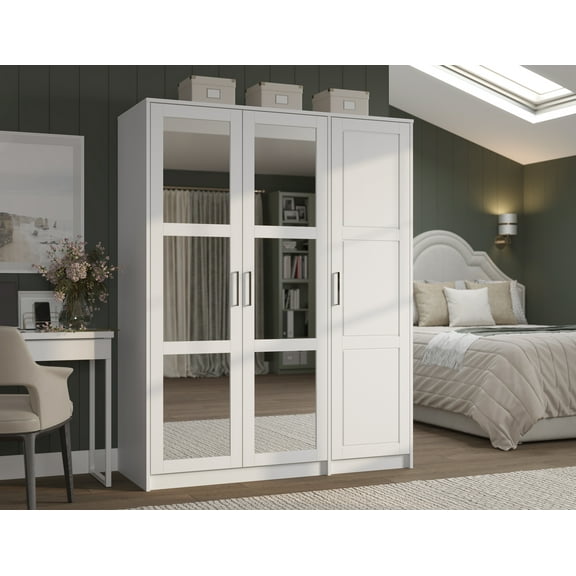 100% Solid Wood Urban 3-Door Wardrobe Armoire with Mirrored Doors