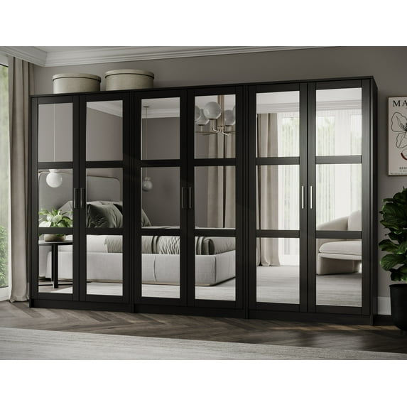 100% Solid Wood Urban 6-Door Wardrobe with Mirrored Doors