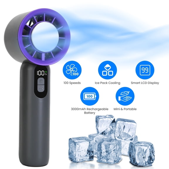 100-Speed Handheld Cooling Fan with Ice Pack, 3000mAh LCD Display