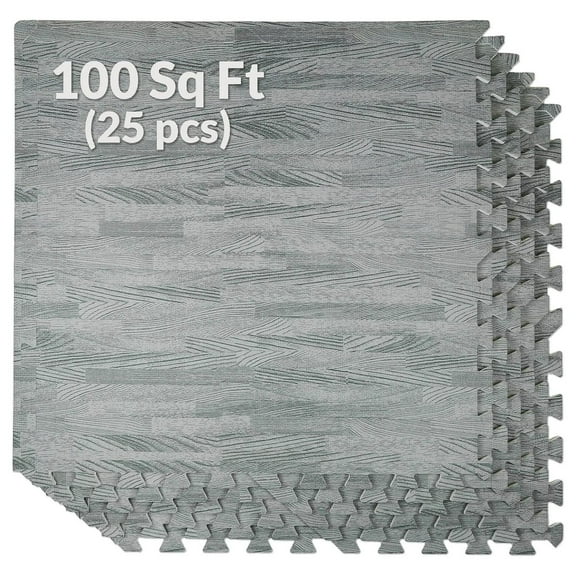 100 Sq. Ft 3/8 Inch Thick Printed Foam Tiles Interlocking Foam Mat, Sea Haze Grey Wood Grain Style Print, (24"x24", 25 pcs), Protective Flooring for Home, Gym Exercise or Trade Show