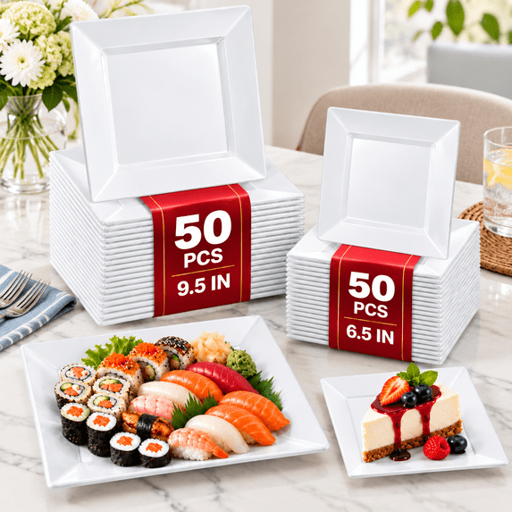 [100] Square Plastic Plates For Party | White Disposable - Walmart.com