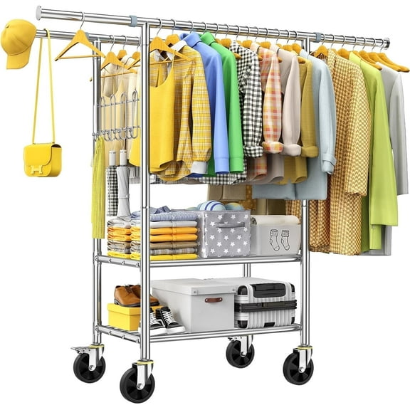 100% Stainless Steel Double Rod Clothes Rack for Hanging Clothes (Silver, 71.65 * 43.31 * 24.1)