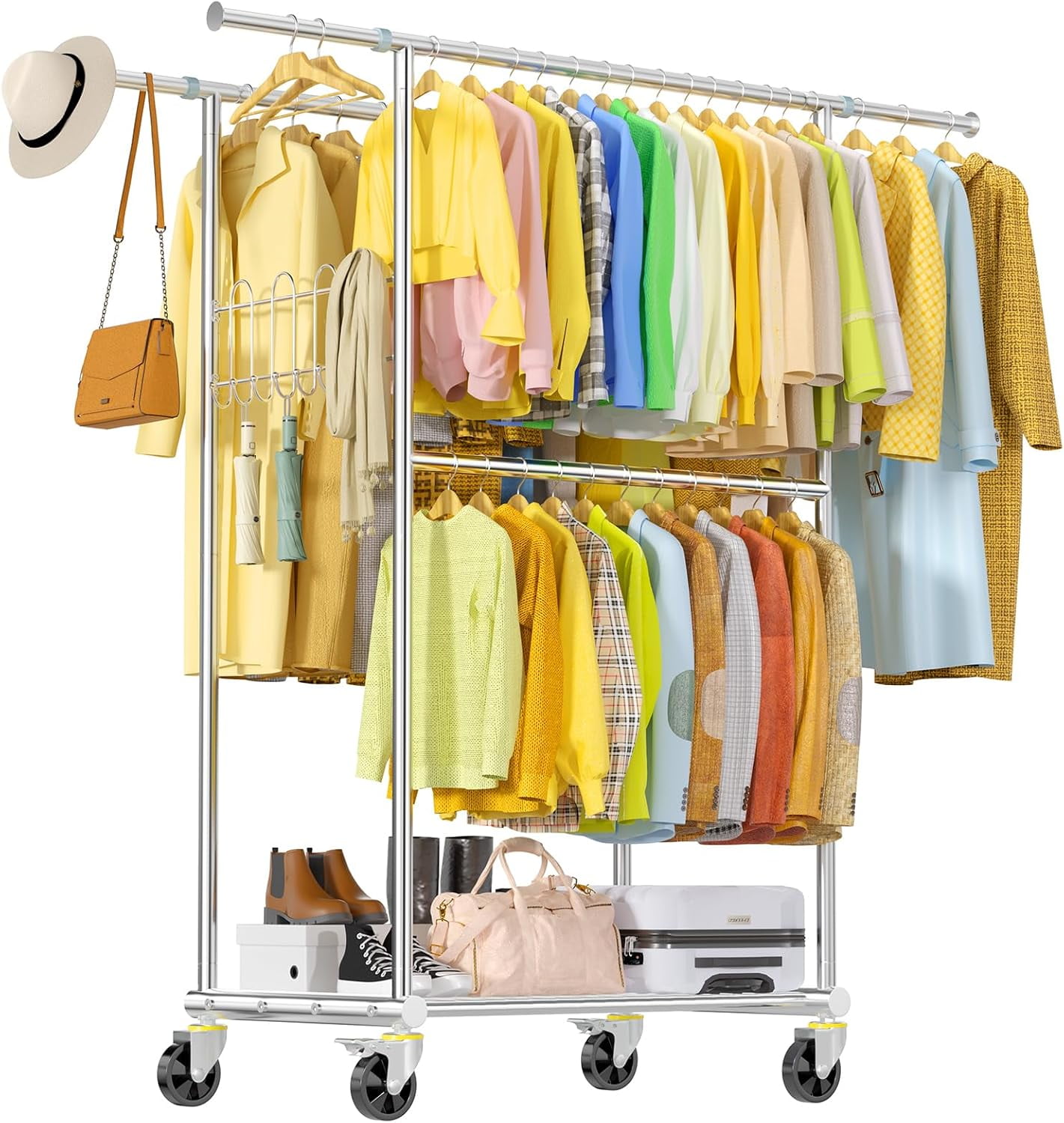 Heavy Duty Stainless Steel Rolling Garment Rack with Shelves and Hooks