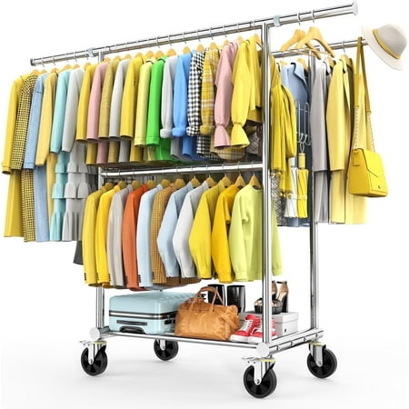 100% Stainless Steel Heavy Duty Clothes Rack Load 960LBS, Three Rods Clothing Racks for Hanging Clothes Extendable, Rolling Garment Rack With Sturdy Wheels Shelves Hooks, Portable Closet Wardrobe Rac