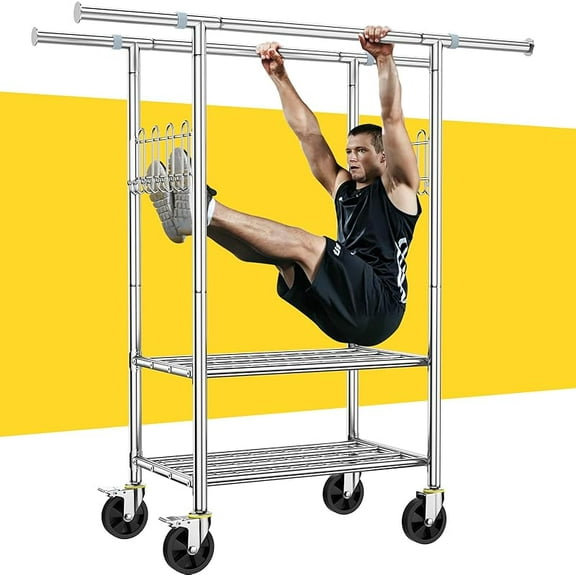 MY 100% Stainless Steel Heavy Duty Clothes Rack Load 960LBS, Three Rods Clothing Racks for Hanging Clothes Extendable，Rolling Garment Rack With Sturdy Wheels Shelves Hooks, Portable Closet Wardrobe