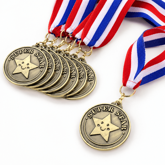 100 Super Star 2 Inch Metal Award Medals with Polyester Neck Ribbons