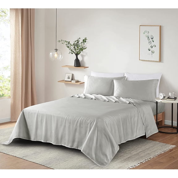 100 Supima Cotton Sheets 600 Thread Count,Bed Sheet Set Queen Sheets 4 Pieces,Soft & Silky Sateen Weave, Fits Mattress Up to 18'',Deep Pocket, Breathable & Fade Resistant(Silver Grey,Queen)