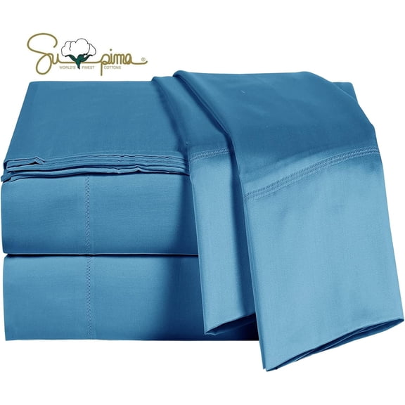100 Supima Sheets 600 Thread Count,Bed Sheet Set Sheets 4 count,Soft & Silky Sateen Weave, Fits Mattress Up to 18'',Deep Pocket, Breathable & Fade Resistant (Peacock Blue, )