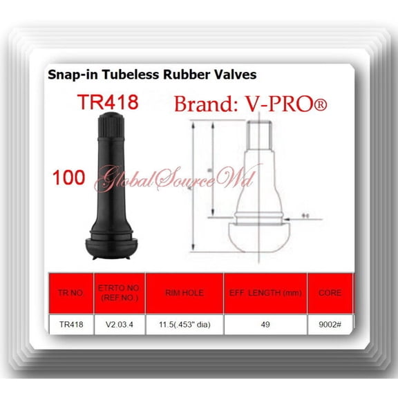 100 TR418 Valves STANDARD 2" SNAP IN TUBELESS BLACK RUBBER TIRE VALVE STEM