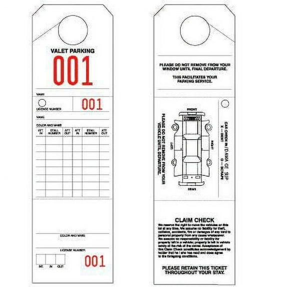 100 Tags. 3-Part Valet Parking Tags with car Diagram. Numbered and Perforated to Create Valet Claim Ticket and Hang from Rear View Mirror. Perforated cardstock Key tag.