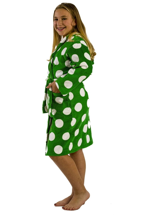100% Terry Cotton Polka Dotted Girls Bathrobe, Apple Green Small