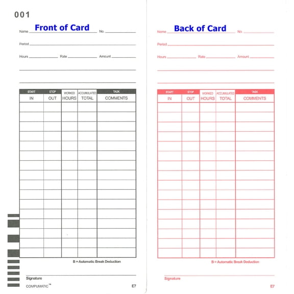 100 Time Cards for Lathem 7000E 7500E Calculating Time Recorder