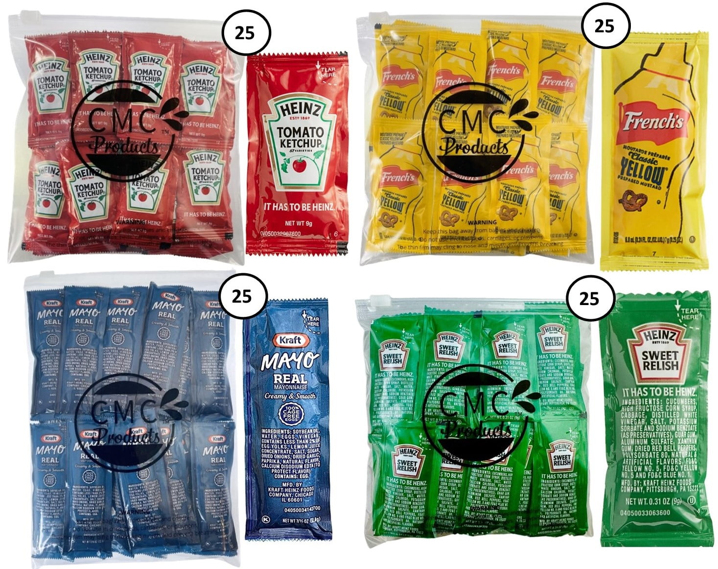 100 Total Packets / 25 Count of each Heinz Ketchup & Relish, French's