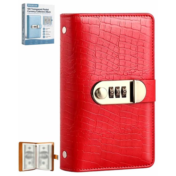 100 Transparent Pocket Currency Collectors Album, Lockable A6 Savings Binder with 3-Digit Code Lock – Double-Sided Sleeves for Banknotes, Bills & Vouchers