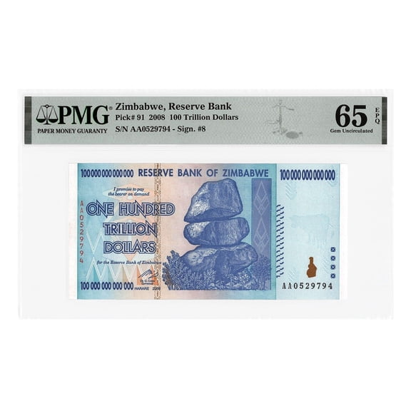 100 Trillion Zimbabwe Banknote AA Series 2008 PCGS Graded 65PPQ Uncirculated Collectible Note