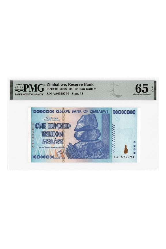 100 Trillion Zimbabwe Banknote AA Series 2008 PCGS Graded 65PPQ Uncirculated Collectible Note