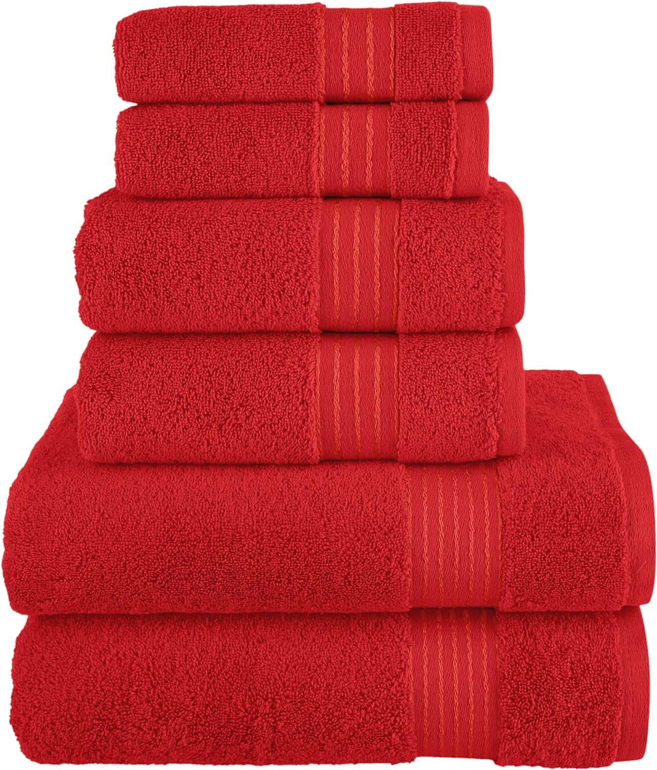 100% Turkish Cotton 6 Pcs Bath Towel Set, Luxury Bath Towels for Bathroom, Soft & Absorbent Bathroom Towels Set (2 Bath Towels, 2 Hand Towels, 2 Washcloths), Red
