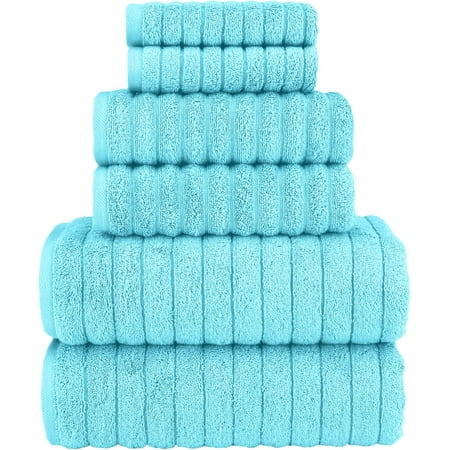 100% Turkish Cotton Corduroy Ribbed Luxury Bath Towels 6-Piece Set, Premium Feel - Quick Dry, Highly Absorbent, Contains 2 Bath Towels, 2 Hand Towels, and 2 Washcloths, Aqua