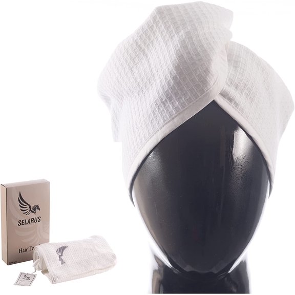 100% Turkish Cotton Hair Towel Wrap for Women,Non ber,400-GSM(Grams per Square Metre),AntiFrizz,Hair Plop Waffle Towels Curly,Long&Thick Hairs,Turban Head Wrap,1Pack10x26inc(White)