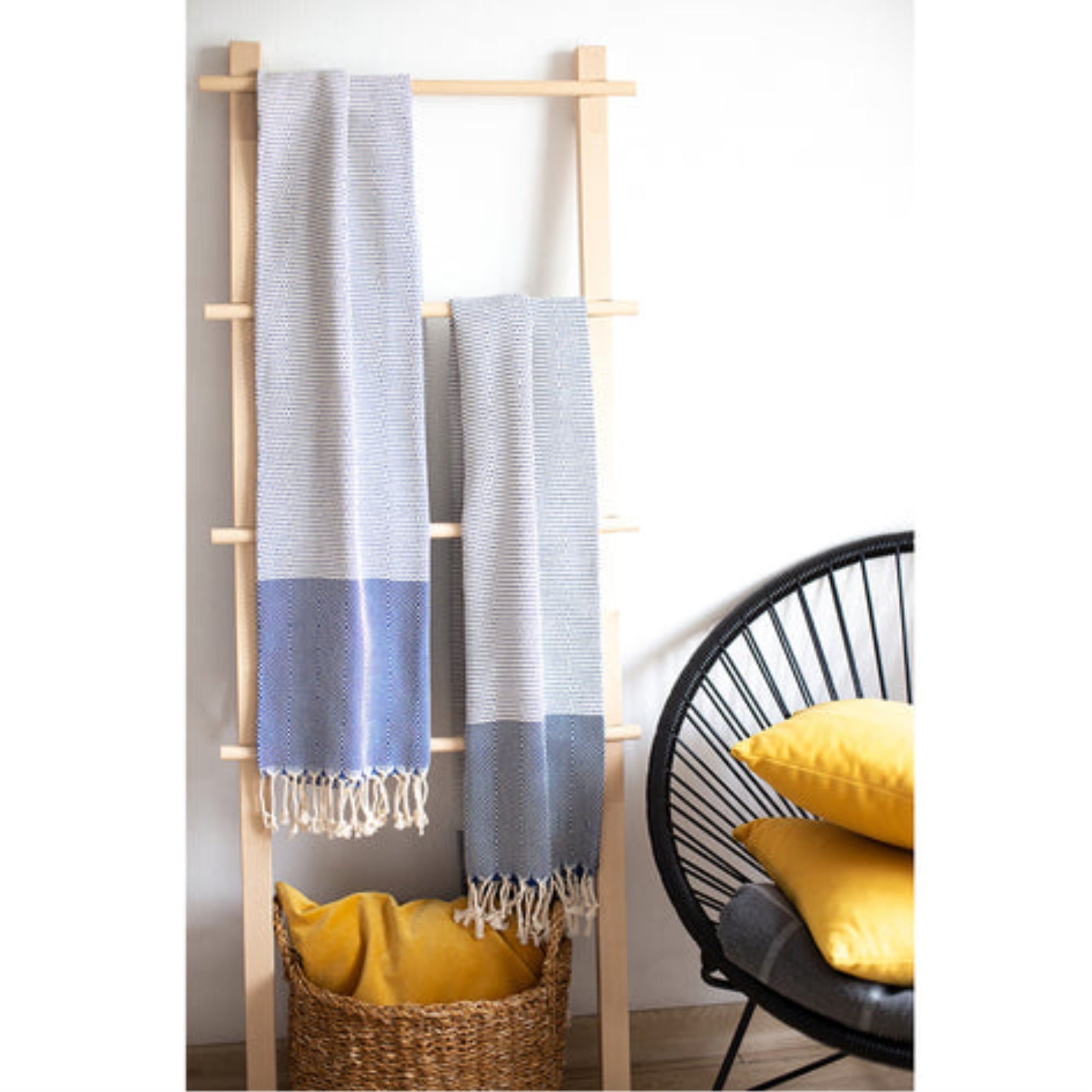 Handwoven Blue and White Turkish Cotton Throw Blanket Set