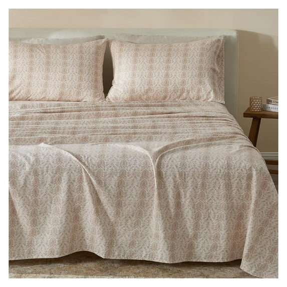 100% Turkish Cotton Queen Flannel Sheets Set | Taupe Farmhouse, Soft Flannel Sheets | Warm, Double Brushed Bed Sheets (Queen, Geometric - Nautral)