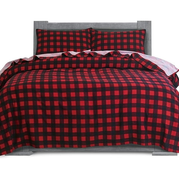 100% Turkish Soft Cotton Flannel Sheet Set - 4-Piece - Deep Pocket Fitted Sheet, Flannel Sheets - Full, Buffalo Check Burgundy
