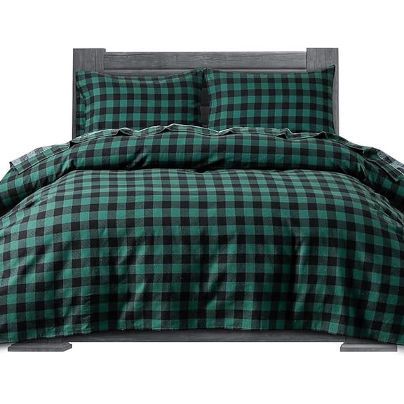 100% Turkish Soft Cotton Flannel Sheet Set - 4-Piece - Deep Pocket Fitted Sheet, Flannel Sheets - King, Buffalo Check Green