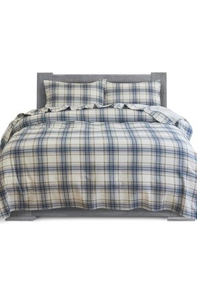 100% Turkish Soft Cotton Flannel Sheet Set - 4-Piece - Deep Pocket Fitted Sheet, Flannel Sheets - Queen, Plaid-Navy/Aqua