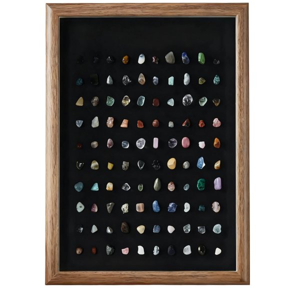 100 Types Natural Mineral Specimen Shadow Box, 13.8 in / 35 cm Geology Collection Case, Real Rocks Crystals Home Decor, Wall Art Tabletop Display Unique Stones for Science Education, Gift, Multicolor