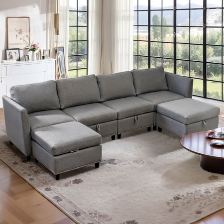 100" U-Shaped Sectional Couch with Storage, Modular Sofa with Reversible Chaises, 6 Seat Couches and Sofas for Living Room, Gray