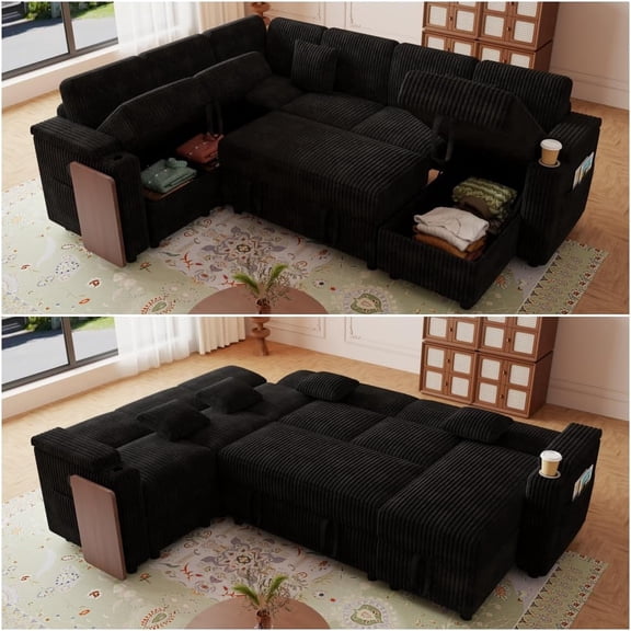 100" U Shaped Sectional Sleeper Sofa with Pull Out Bed, Reclining Backrest, Reversible Storage Chaise, USB Ports, Cup Holders,Corduroy Convertible Couch for Living Room,Black