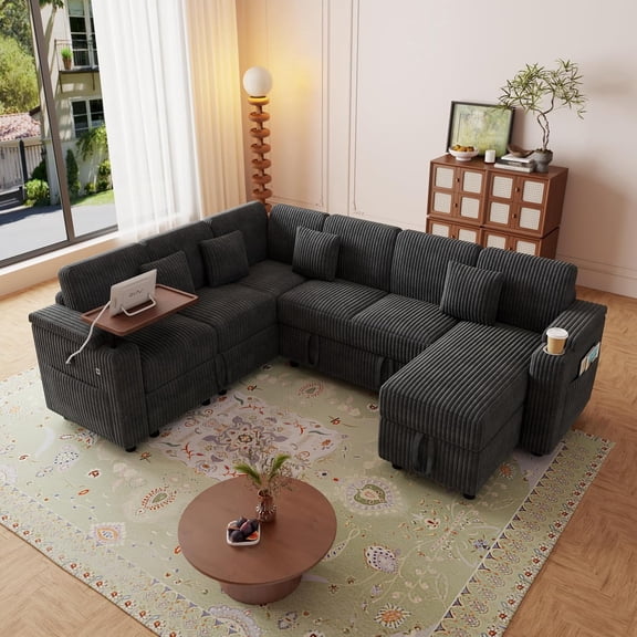 REHOUSING Classic Reversible Solid Print Corduroy Pull Out Bed and Reclining Backrest Sectional Sofas with USB Ports and Cup Holders, Gray