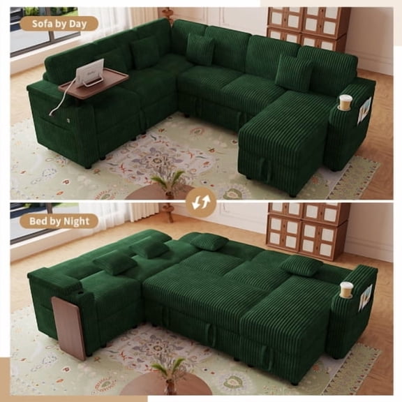 REHOUSING Solo Classic U Shaped Reversible Solid Print Corduroy Pull Out Bed and Reclining Backrest Sectional Sofas with Storage Chaise, Green