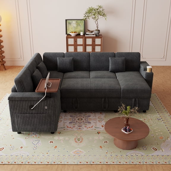 100" U Shaped Sectional Sleeper Sofa, Pull Out Couch Bed with USB Ports, Cup Holder & Table Board, Corduroy 7 Seat Modular Sofa with Storage Chaise for Living Room, Home Theater, Family Lounge