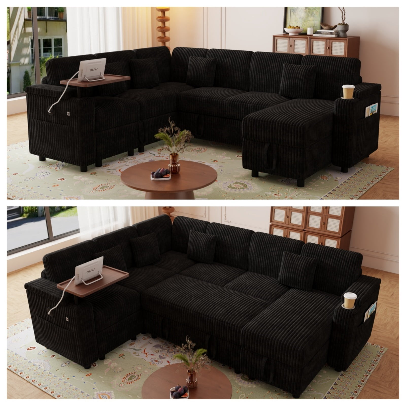 100" U-Shaped Sectional Sofa with Pull Out Bed, Storage Chaise and USB Port, Convertible Sleeper Sofa Bed Modular Sofa Couch with Laptop Table & Cup Holder for Living Room