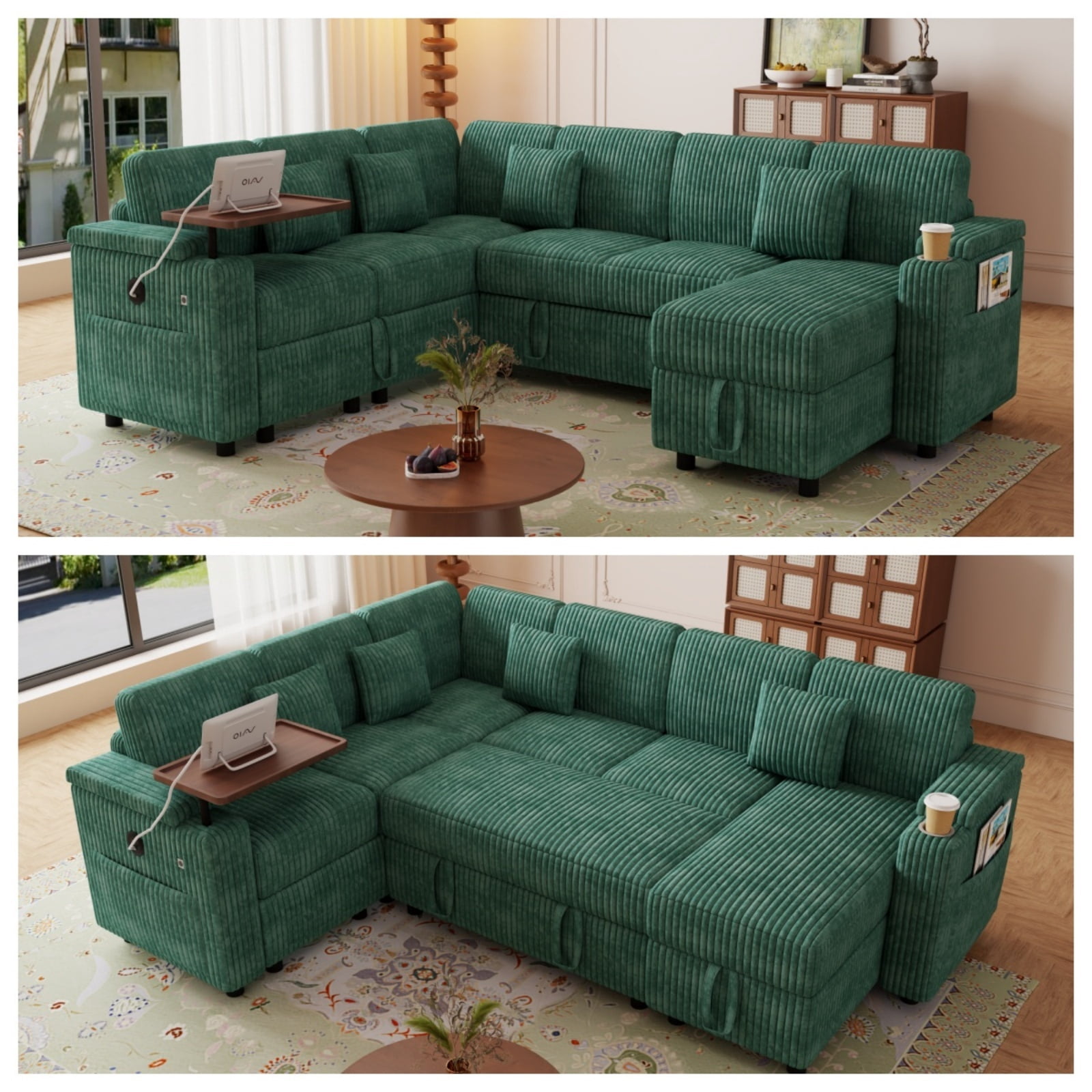 100" U-Shaped Sectional Sofa with Pull Out Bed, Storage Chaise and USB Port, Convertible Sleeper Sofa Bed Modular Sofa Couch with Laptop Table & Cup Holder for Living Room
