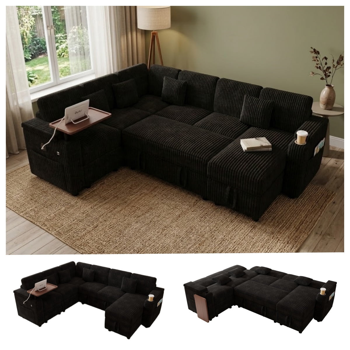 100" U-Shaped Sleeper Sofa with Pull-Out Bed, USB Charging Ports, Cup Holder, Flip-Top Table, Storage Chaise, Corduroy Sectional Couch for Living Room, Apartment & Guest Room