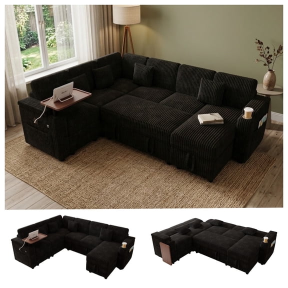 100" U-Shaped Sleeper Sofa with Pull-Out Bed, USB Charging Ports, Cup Holder, Flip-Top Table, Storage Chaise, Corduroy Sectional Couch for Living Room, Apartment & Guest Room