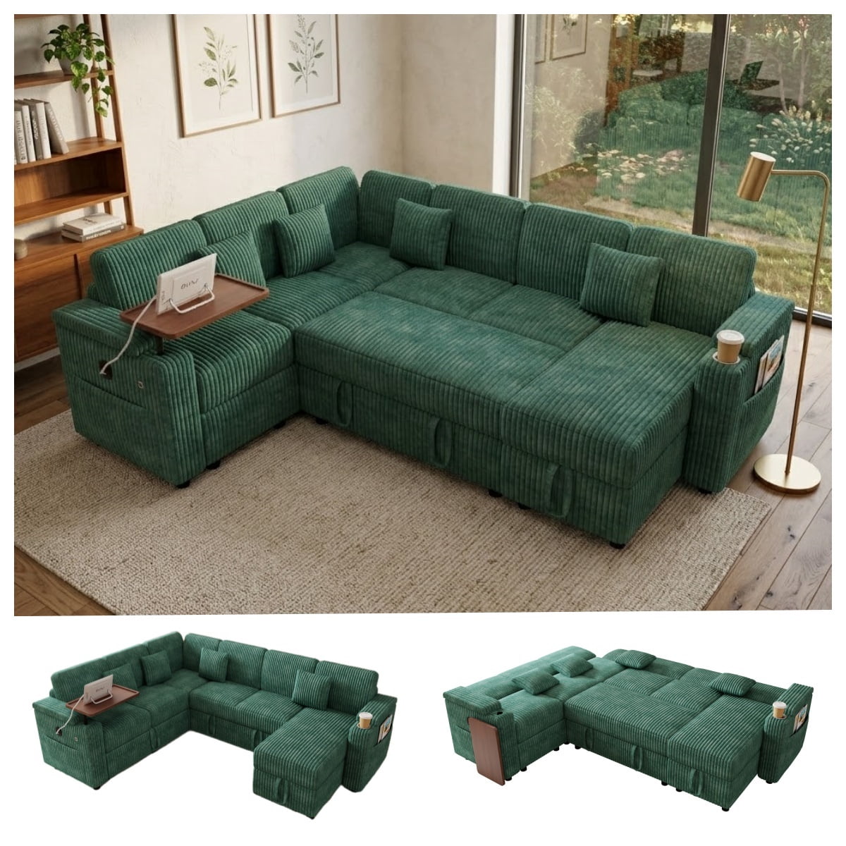 100" U-Shaped Sleeper Sofa with Pull-Out Bed, USB Charging Ports, Cup Holder, Flip-Top Table, Storage Chaise, Corduroy Sectional Couch for Living Room, Apartment & Guest Room