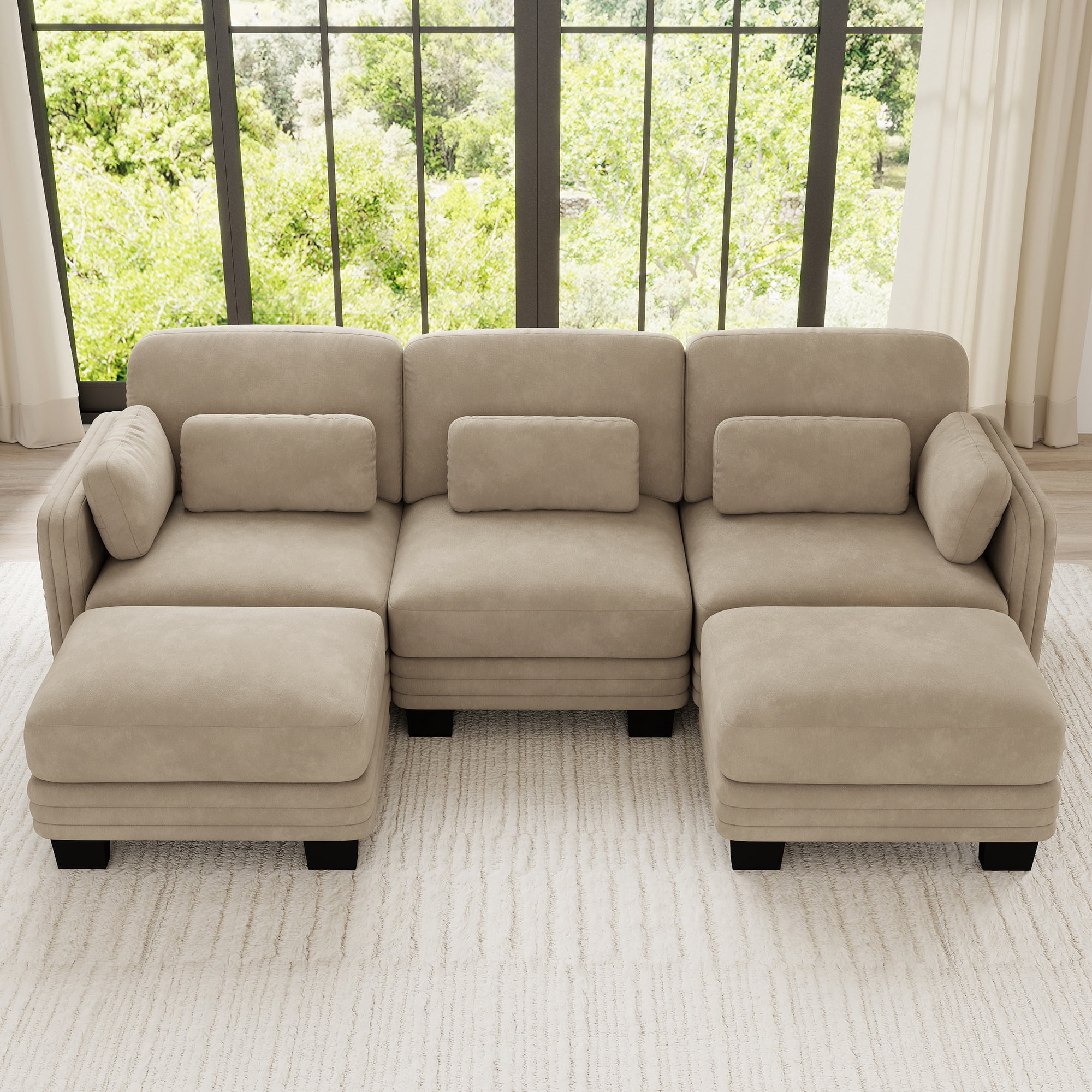 100" U-shaped Tufted Modern Modular Sectional 3 Seater Sofa Couch with 2 Ottomans and 5 Pillows