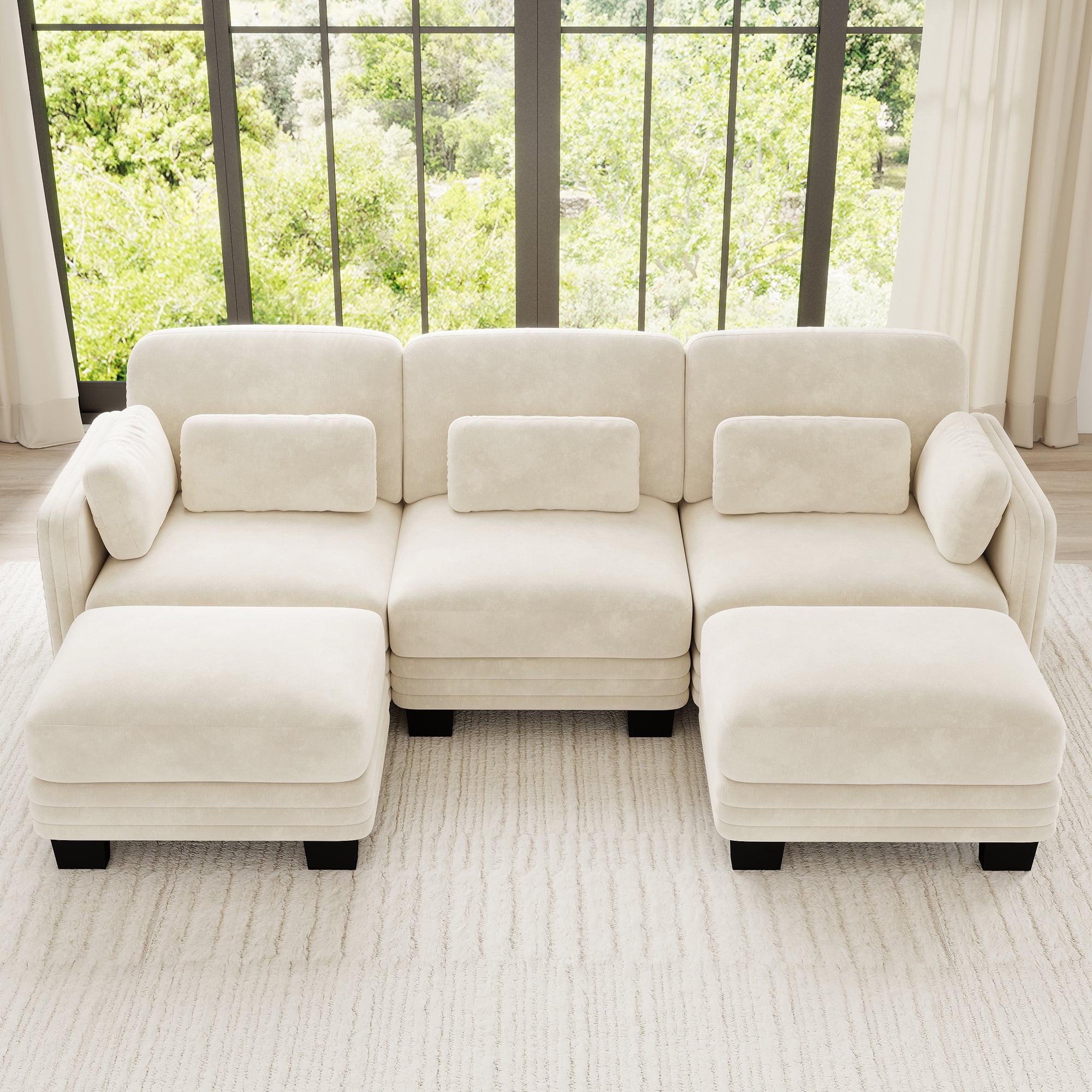 100" U-shaped Tufted Modern Modular Sectional 3 Seater Sofa Couch with 2 Ottomans and 5 Pillows
