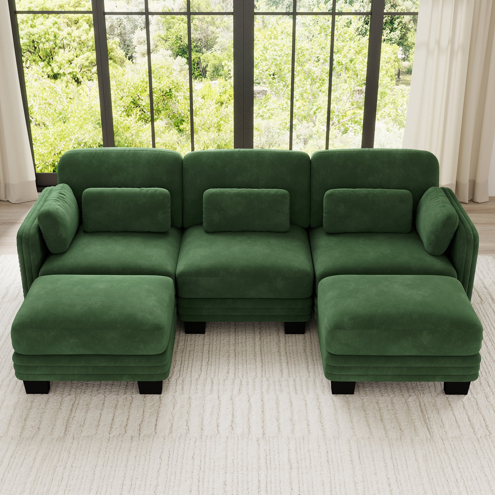100" U-shaped Tufted Modern Modular Sectional 3 Seater Sofa Couch with 2 Ottomans and 5 Pillows