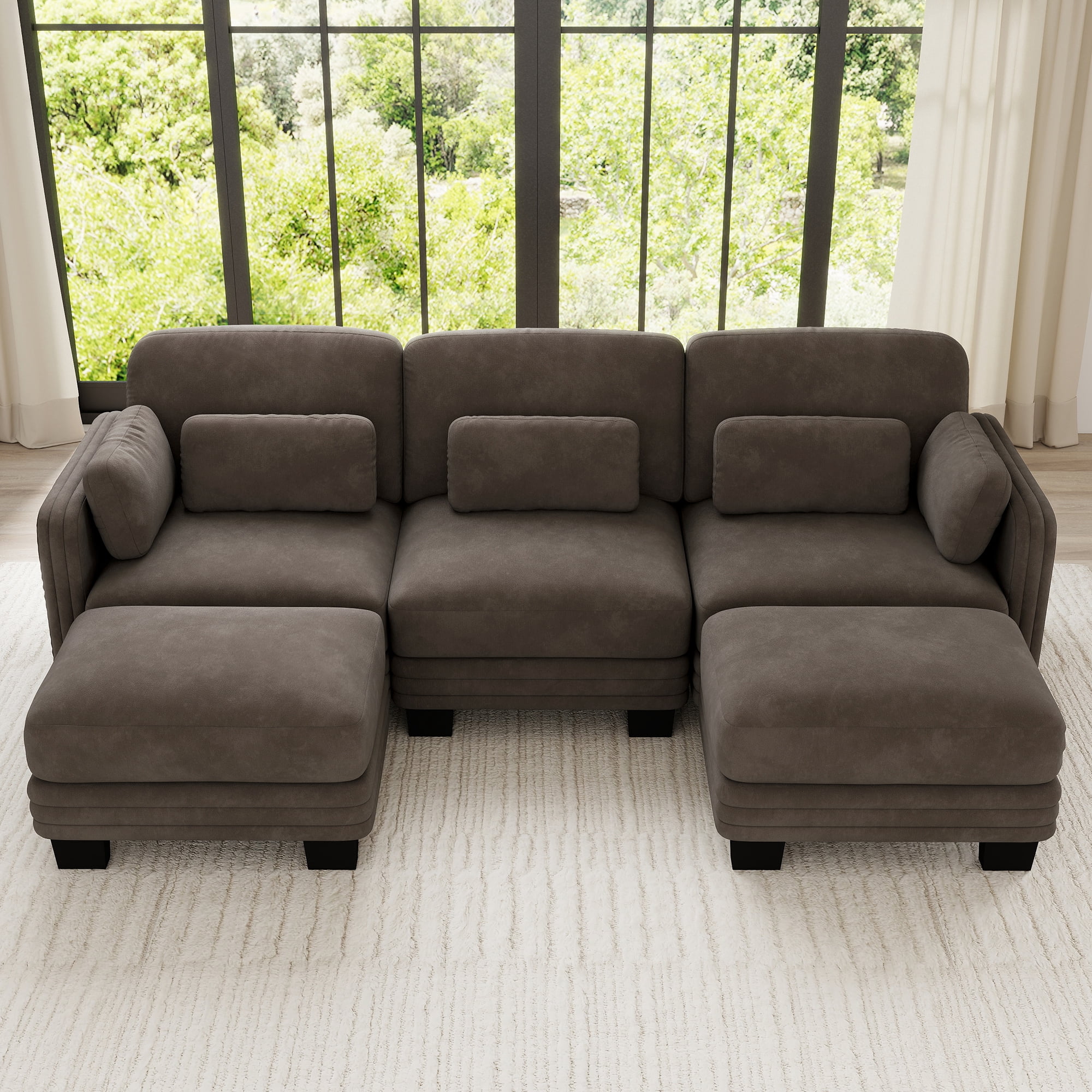 100" U-shaped Tufted Modern Modular Sectional 3 Seater Sofa Couch with 2 Ottomans and 5 Pillows