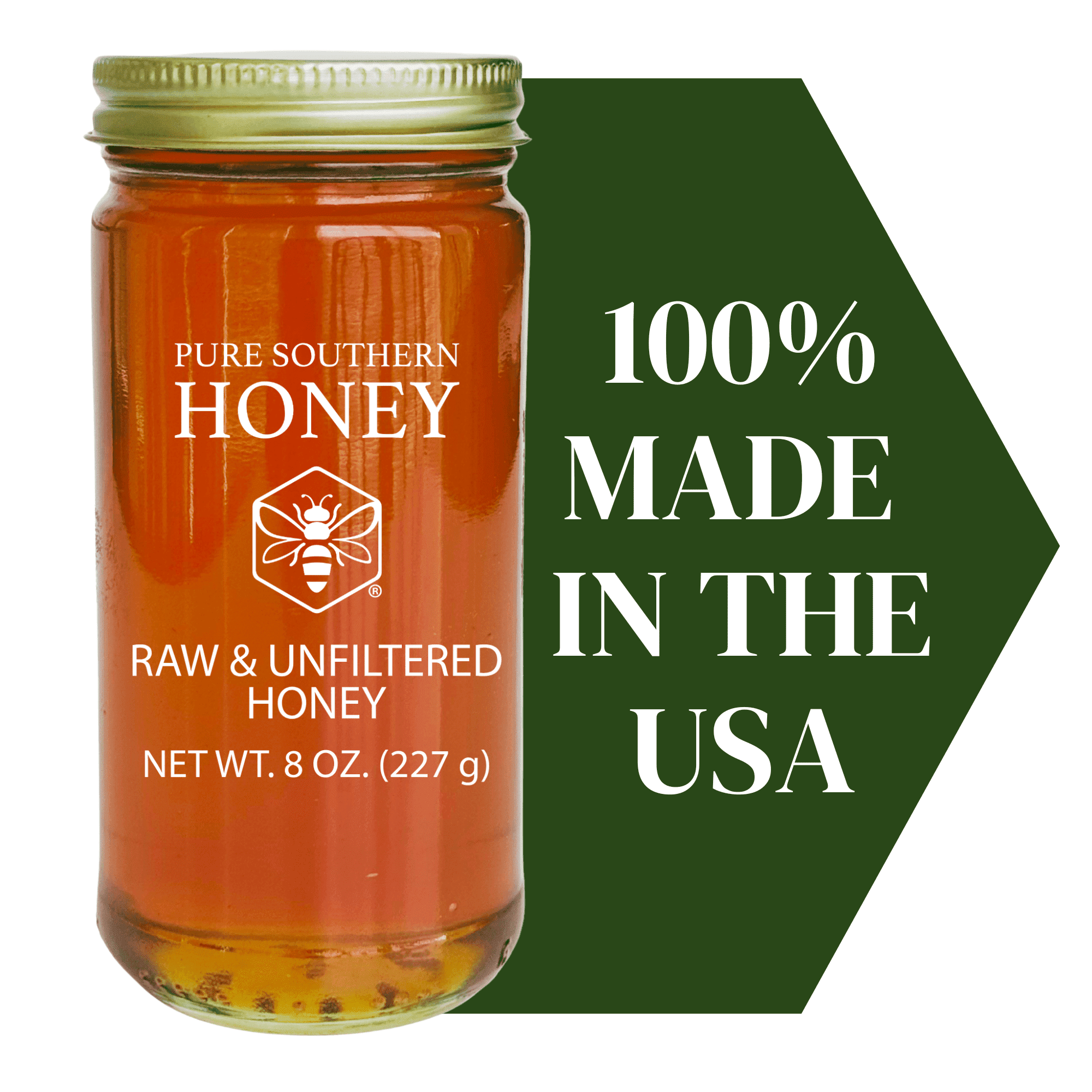 100% USA -Made Raw Unfiltered Honey by Pure Southern Honey [8 oz] -Unheated, No Additives, Glass Jar