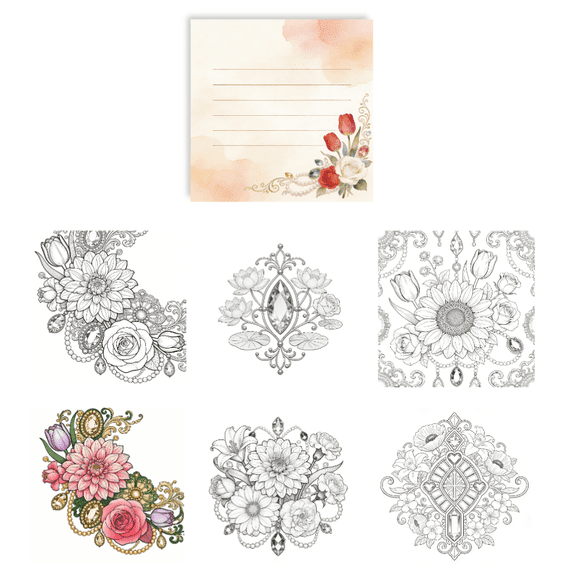 100 Unique Original Floral & Gemstone Sticky Notes: Double-Sided Coloring & Note-Taking, Stress Relief Memo Pads