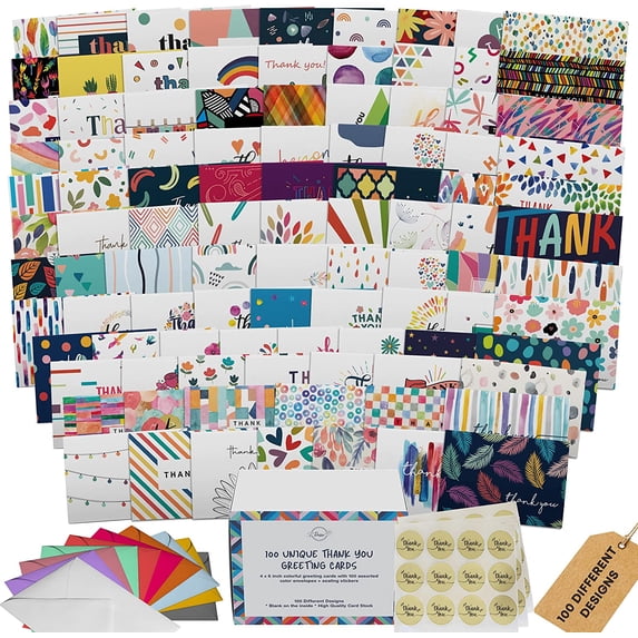 100 Unique Thank You Cards Bulk - Blank Note Cards with 100 Different, Colorful Designs, No repetition. Colorful Envelopes, Gold Seals and Sturdy Storage Box.
