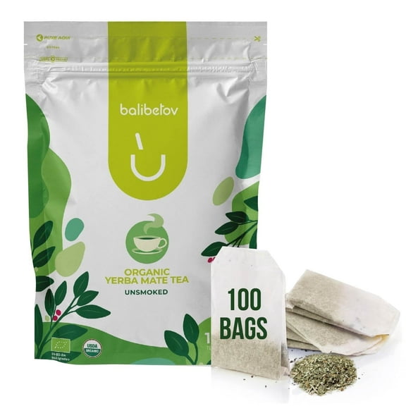 100 Unsmoked Organic Yerba Mate Tea Bags, Organic Yerba Mate Tea, Alternative to Tea, Coffee and Energy Drinks (100 Tea Bags (1 Pack))