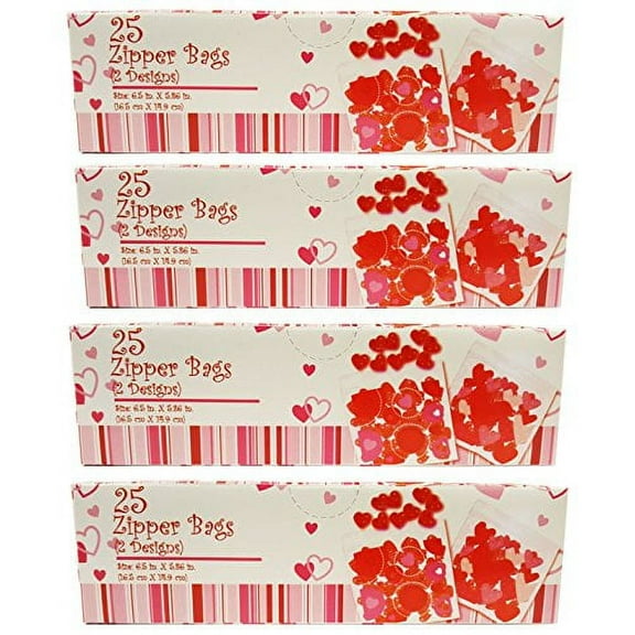 100 Valentine Zipper Bags with Heart Designs! 6.5x5.86IN